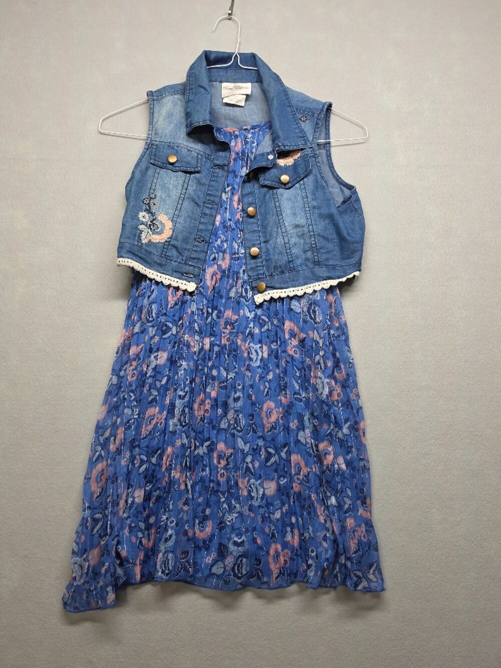 Rare Editions Girls 12 Floral Pleated Halter Dress & Denim Vest Set Blue